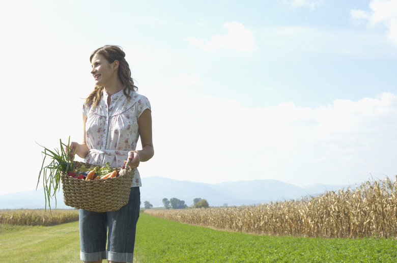 Teenage girl (16-18) holding basket of vegetables, looking to side