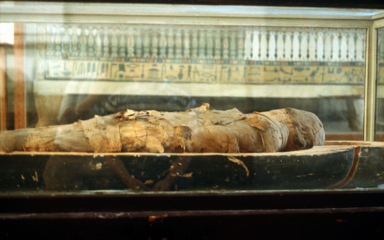 Ancient Egyptian mummy lying wrapped in bandages