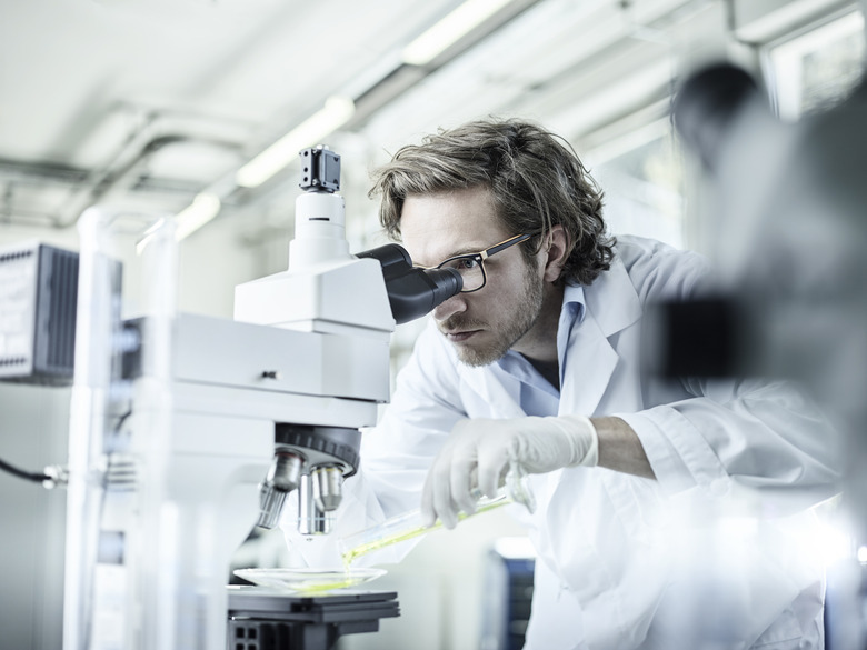 Laboratory technician looking through microscope in lab