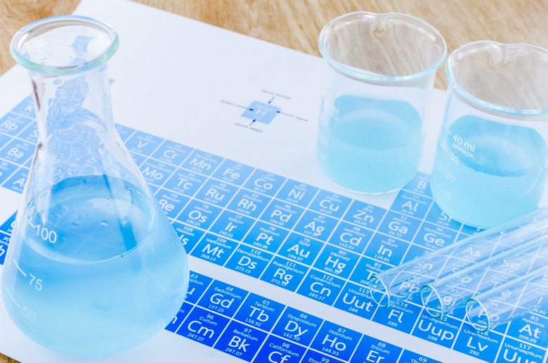 Laboratory glassware and periodic table of elements.