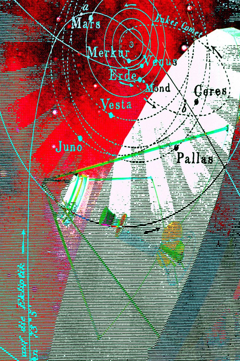 Map of solar system with satellite dish