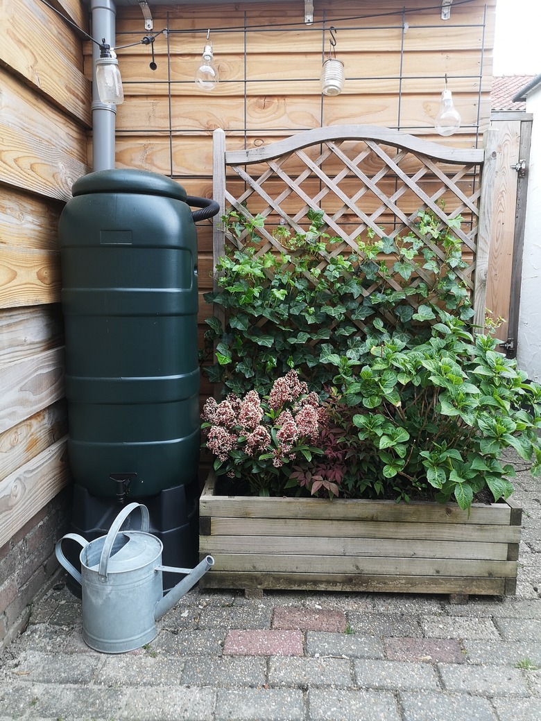 Rain barrel in garden