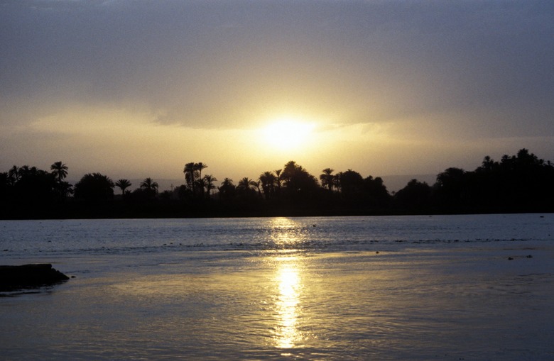 Sunlight reflecting off Nile River at sunset, Egpypt