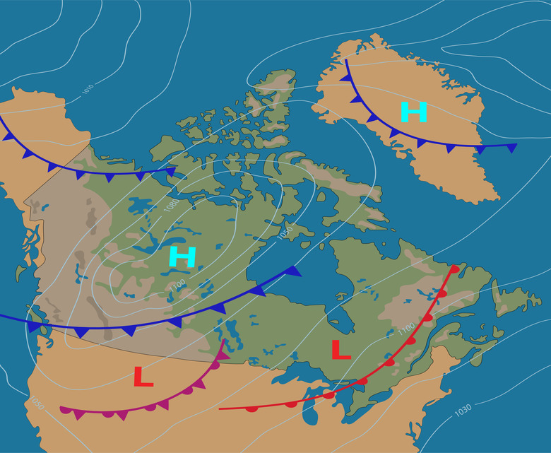 Weather map of the Canada. Realistic synoptic map of the country showing isobars and weather fronts. Canada bordered by USA and Alaska. Meteorological forecast. Vector illustration. EPS 10