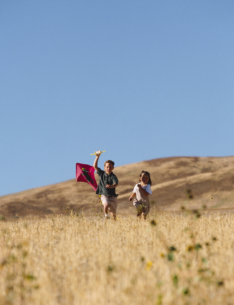 Two children run through a golden field with a kite