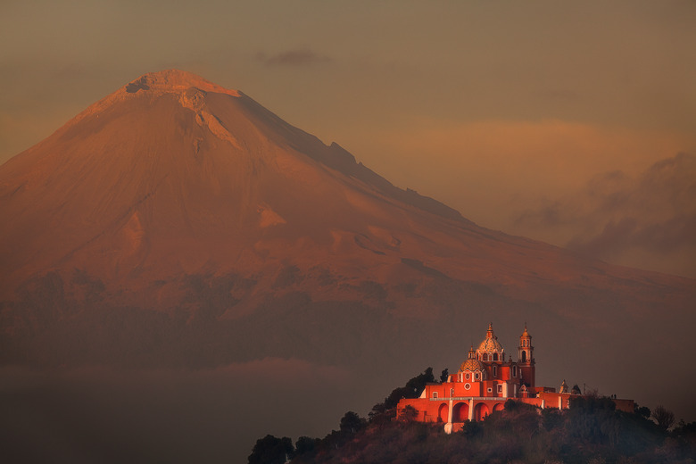 The Popocatepetl with Our Lady of the Remedies church in the foreground