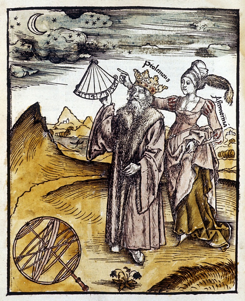 Ptolemy with quadrant and muse observing the moon and stars