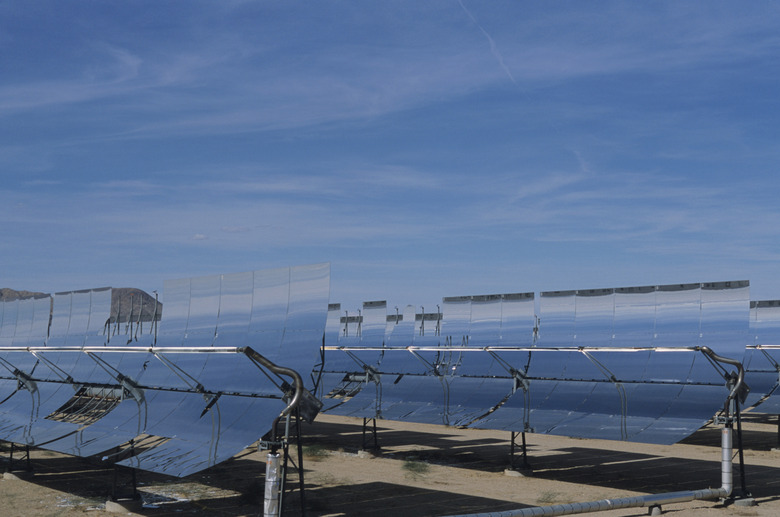 Parabolic through mirrors in solar power plant, renewable energy, Daggett, CA, USA, (Close-up)