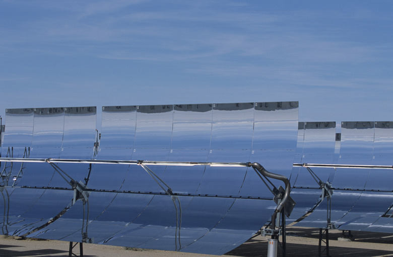 Parabolic through mirrors in solar power plant, renewable energy, Daggett, CA, USA, (Close-up)