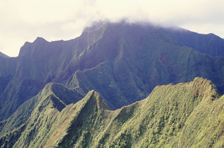 Mountainous peak in clouds, elevated view