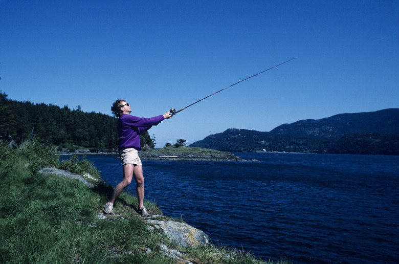 Fisherman casting into lake