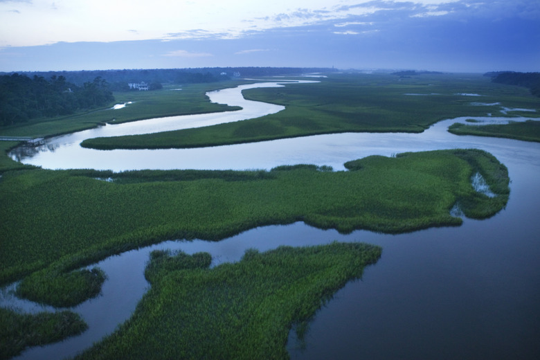 Aerial view of coastal waterway, Bald Head Island, North Carolina