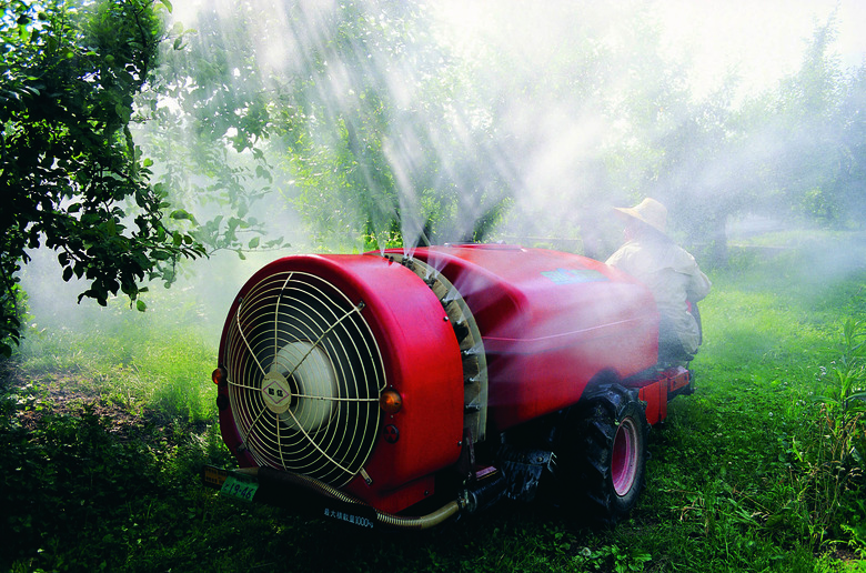 Spraying apples with insecticide,Japan