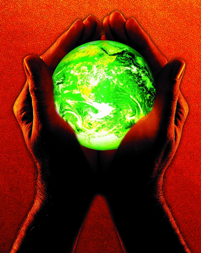 Hands holding green earth, orange tone on hands and background