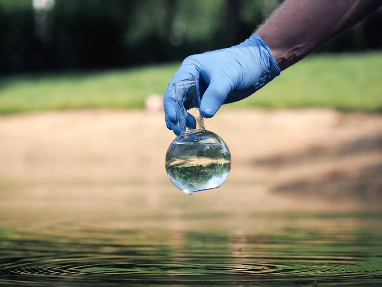 Hand in glove holding a retort with clear water