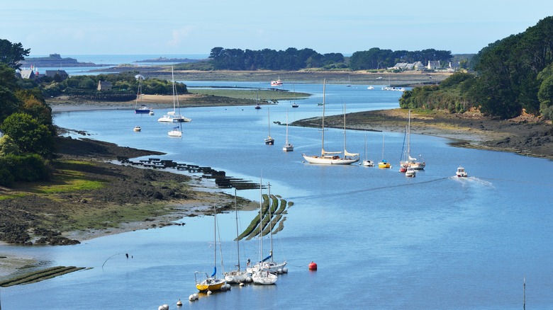 Aerial view of yachts and boats on l'Elorne river on a sunny day in Brittany, France