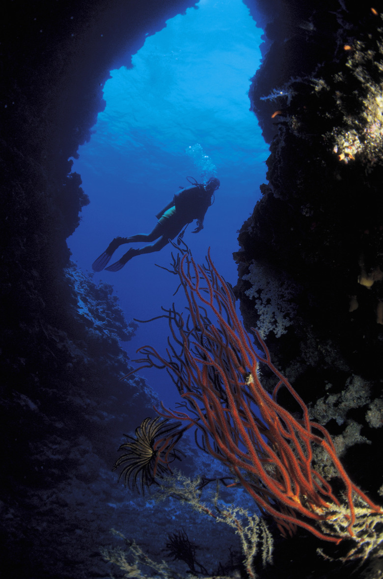 scuba diver entering an undersea cave