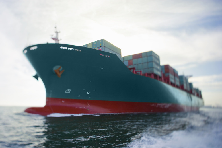 Bow view of fully loaded cargo ship.