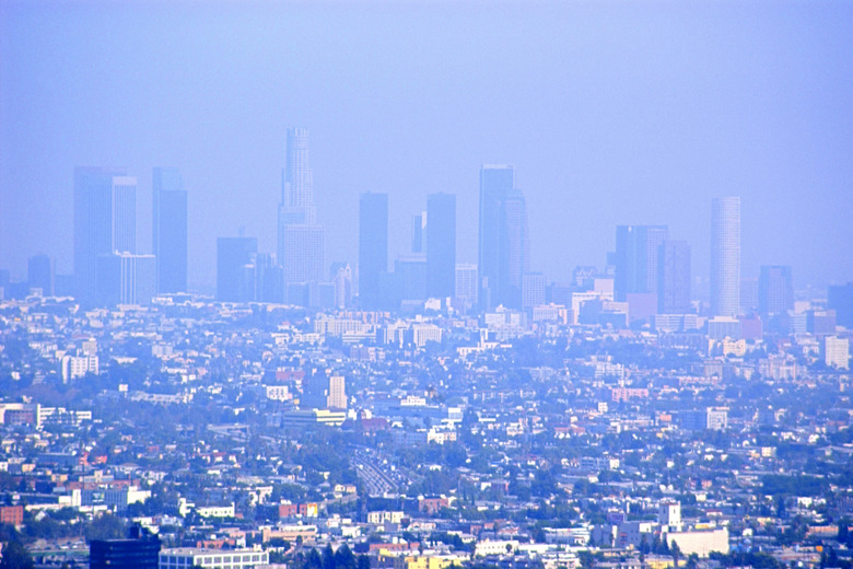 Haze and smog covers the skyline of downtown Los Angeles, CA.