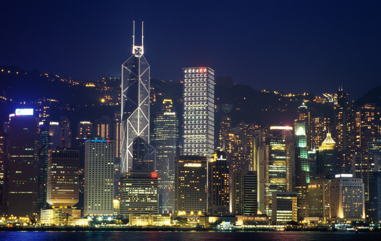 High angle view of a city lit up at night, Hong Kong, China