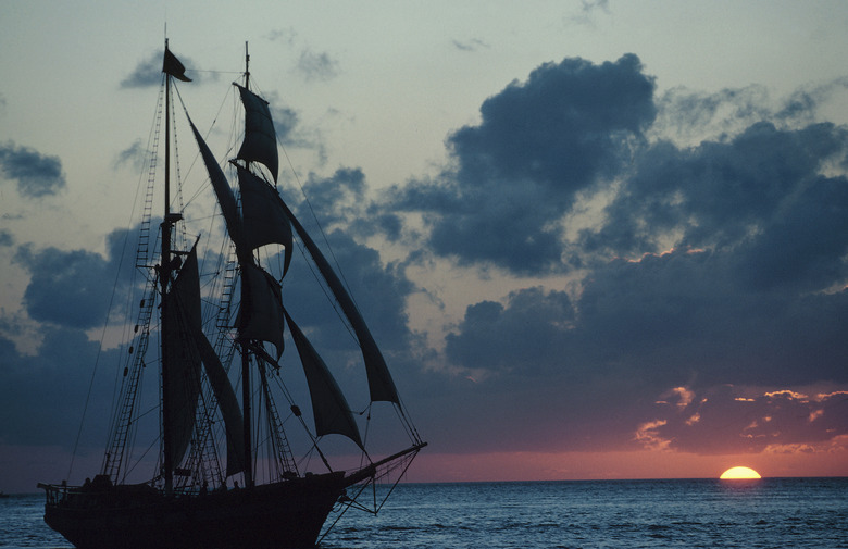 Silhouette of sailing ship at sunset