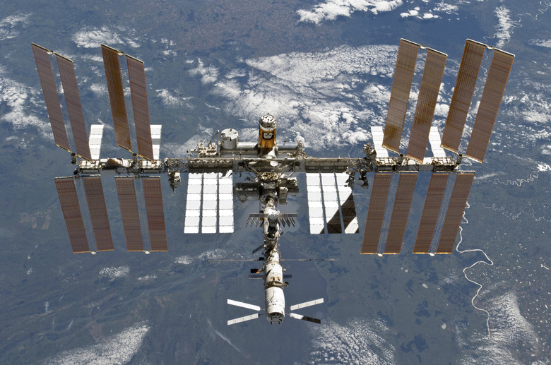 March 7, 2011 - The International Space Station backgropped by a blue and white Earth.