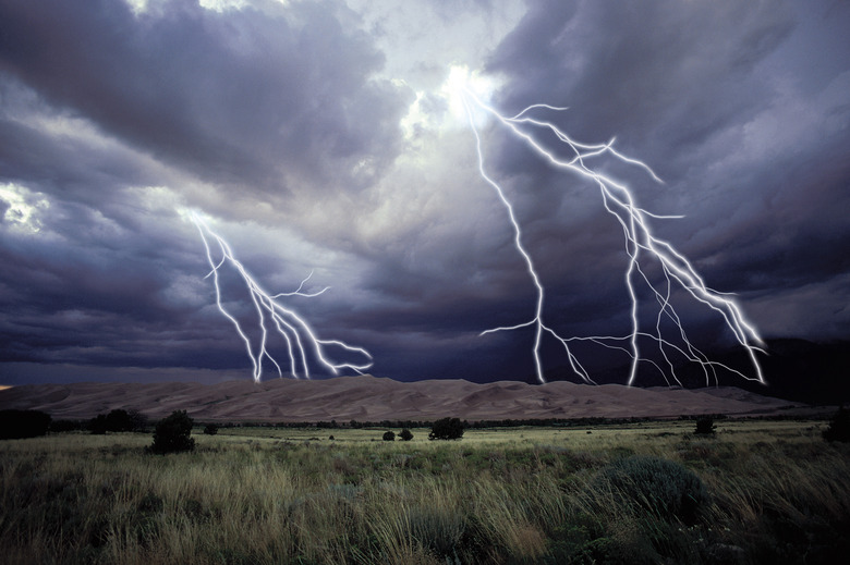 Landscape with lightning bolts from storm