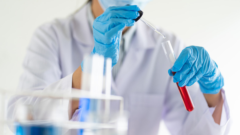 scientists researching in laboratory in white lab coat, gloves analysing, looking at test tubes sample, biotechnology concept.