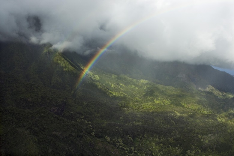 Aerial view of rainbow and lush landscape